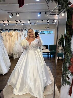 Sophia Tolli White Satin Ball Gown with Lace Bodice